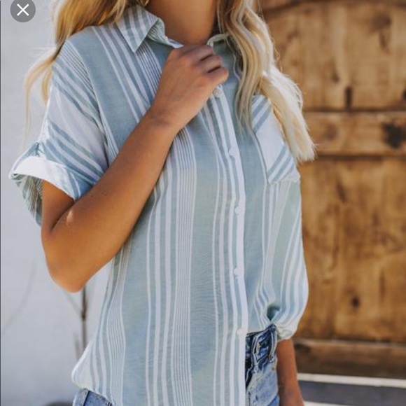 Always and Forever Tops - Vici Collection Sage Striped Button Blouse Small